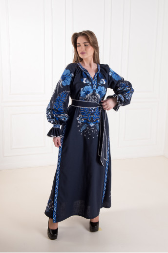 Купить вышитое платье Лебидь (синяя) в Украине от производителя Галычанка